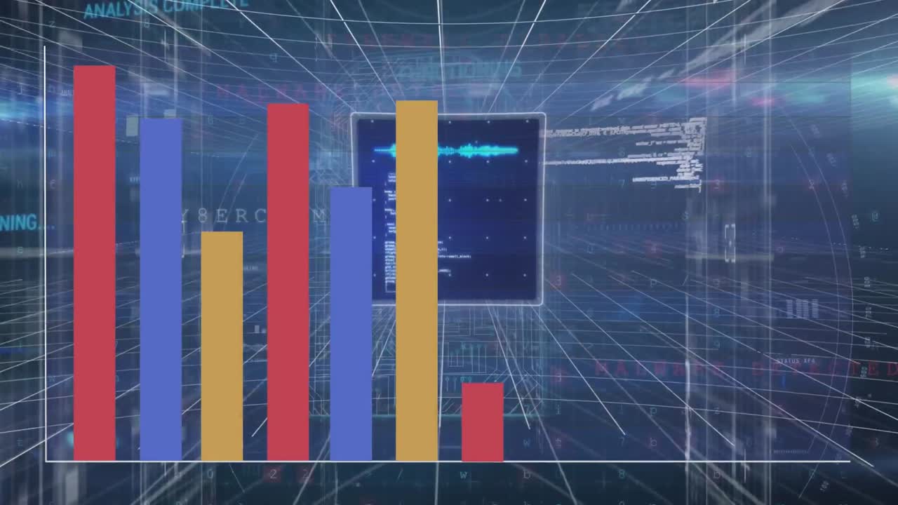 animación de varias pantallas con procesamiento de datos contra un punto de luz sobre fondo azul