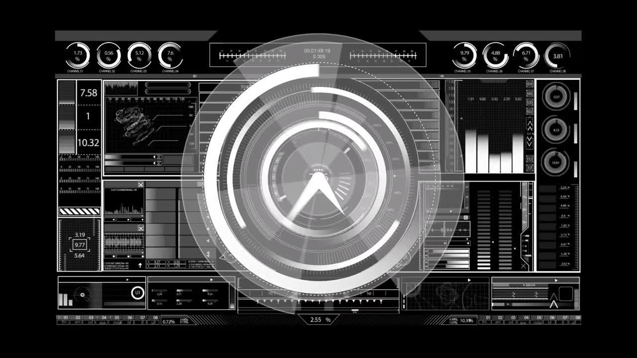 검은 바탕에 디지털 인터페이스를 통해 시계와 함께 범위 스캐닝의 애니메이션