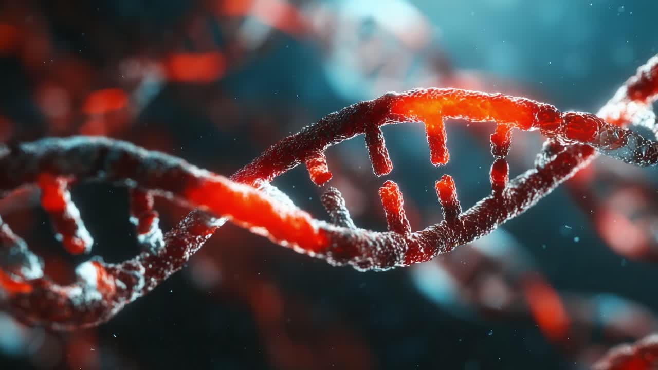 Primo piano accattivante di una doppia elica di DNA: esplorazione delle complessità del materiale genetico in dettagli mozzafiato con un focus sulle strutture molecolari.