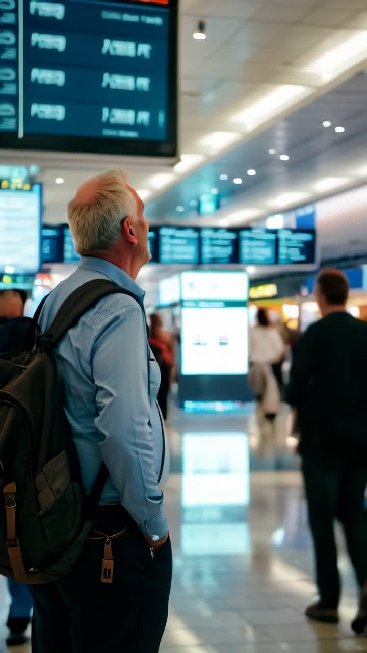 A senior man at the airport looking at flight information before boarding