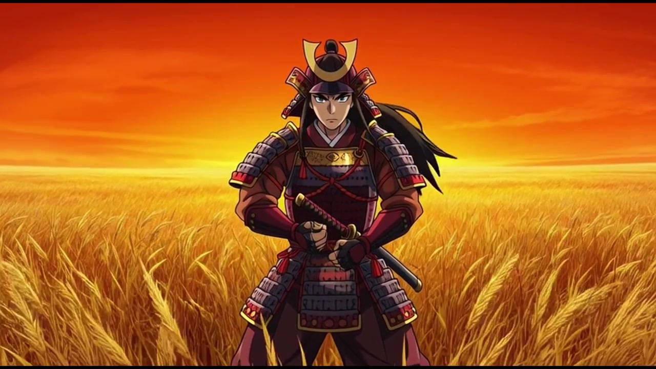 Samurai anime in piedi in un campo di grano dorato al tramonto