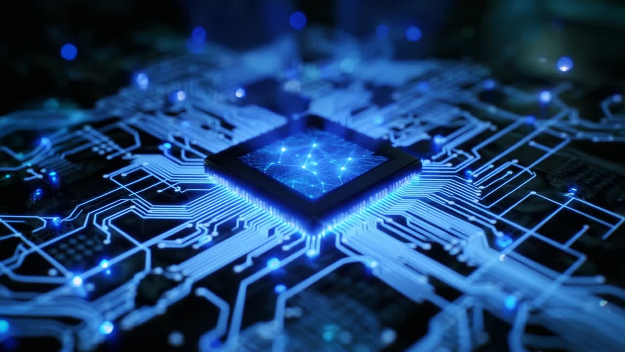 Illuminated Microchip on a Circuit Board Surrounded by Brilliant Blue Light Emitting Diodes, Showcasing Intricate Design of Modern Technology in a Futuristic Setting