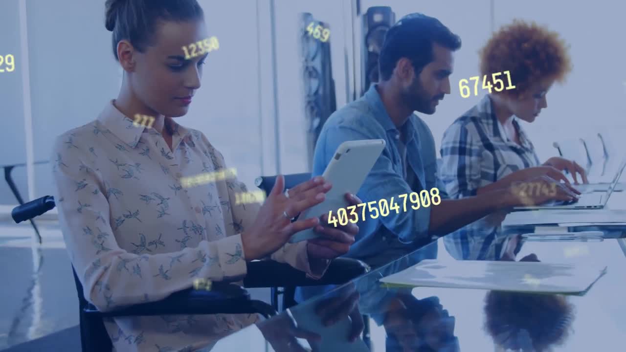 Animation of changing numbers over diverse coworker working on laptop and using cellphone