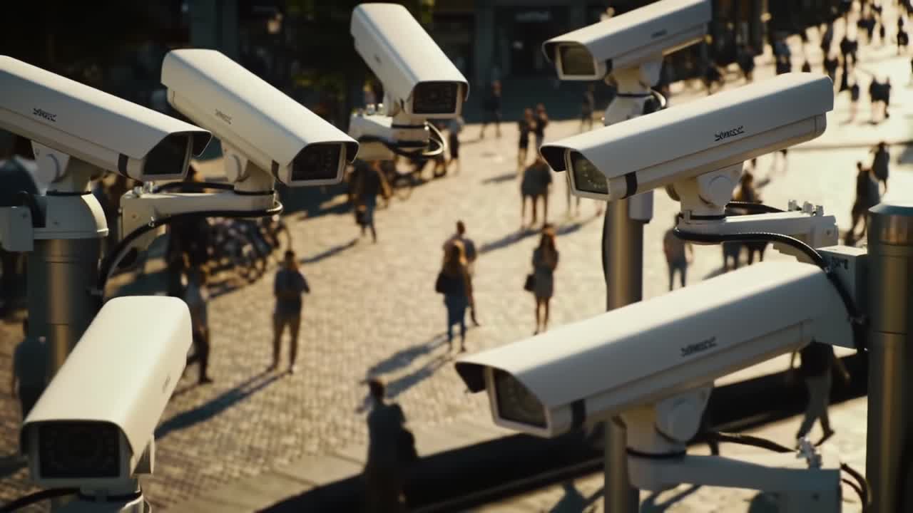 Surveillance and Public Spaces: The Impact of Security Cameras Capturing Daily Life in Urban Environments as People Navigate Through the Streets Below