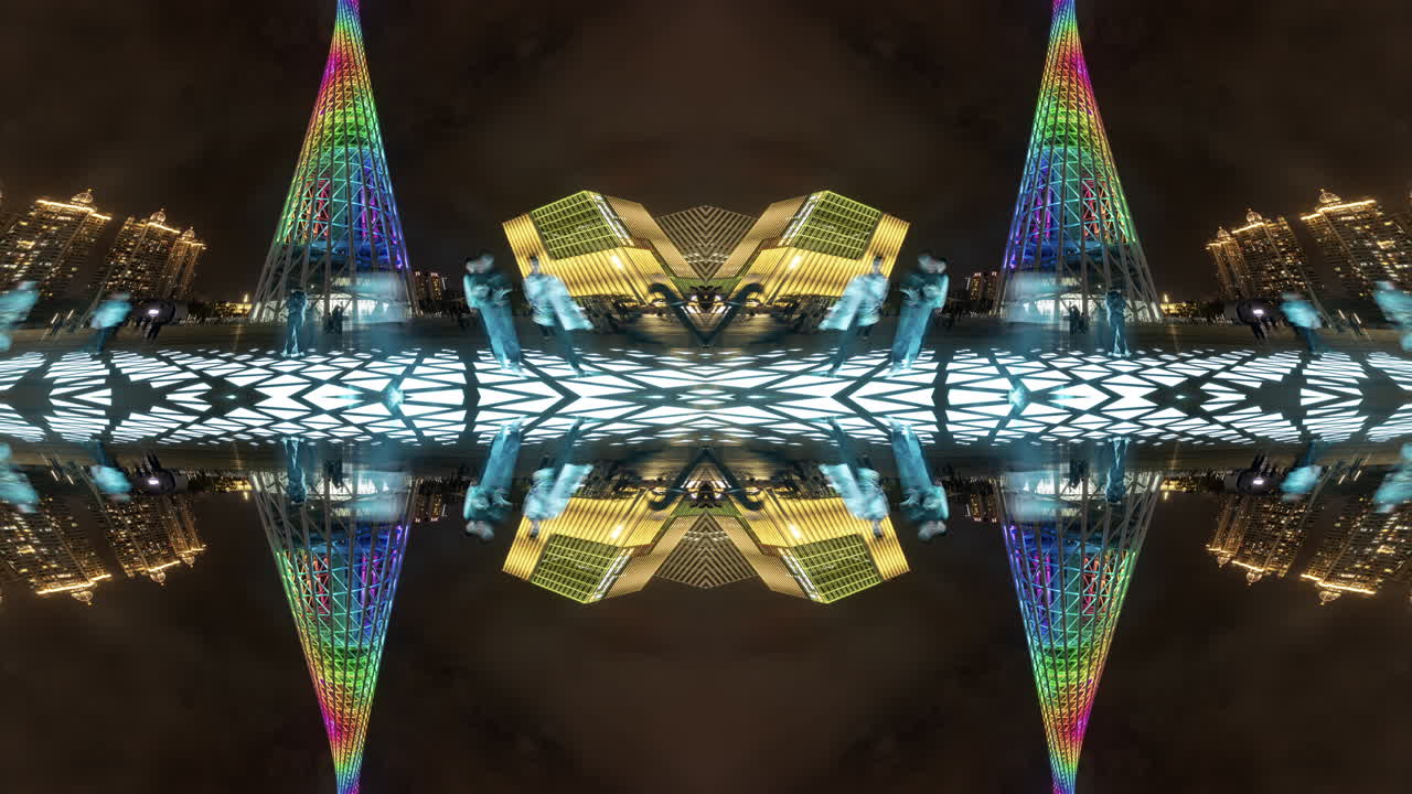 Vibrant Kaleidoscopic Urban Scene with Illuminated Architecture at Night