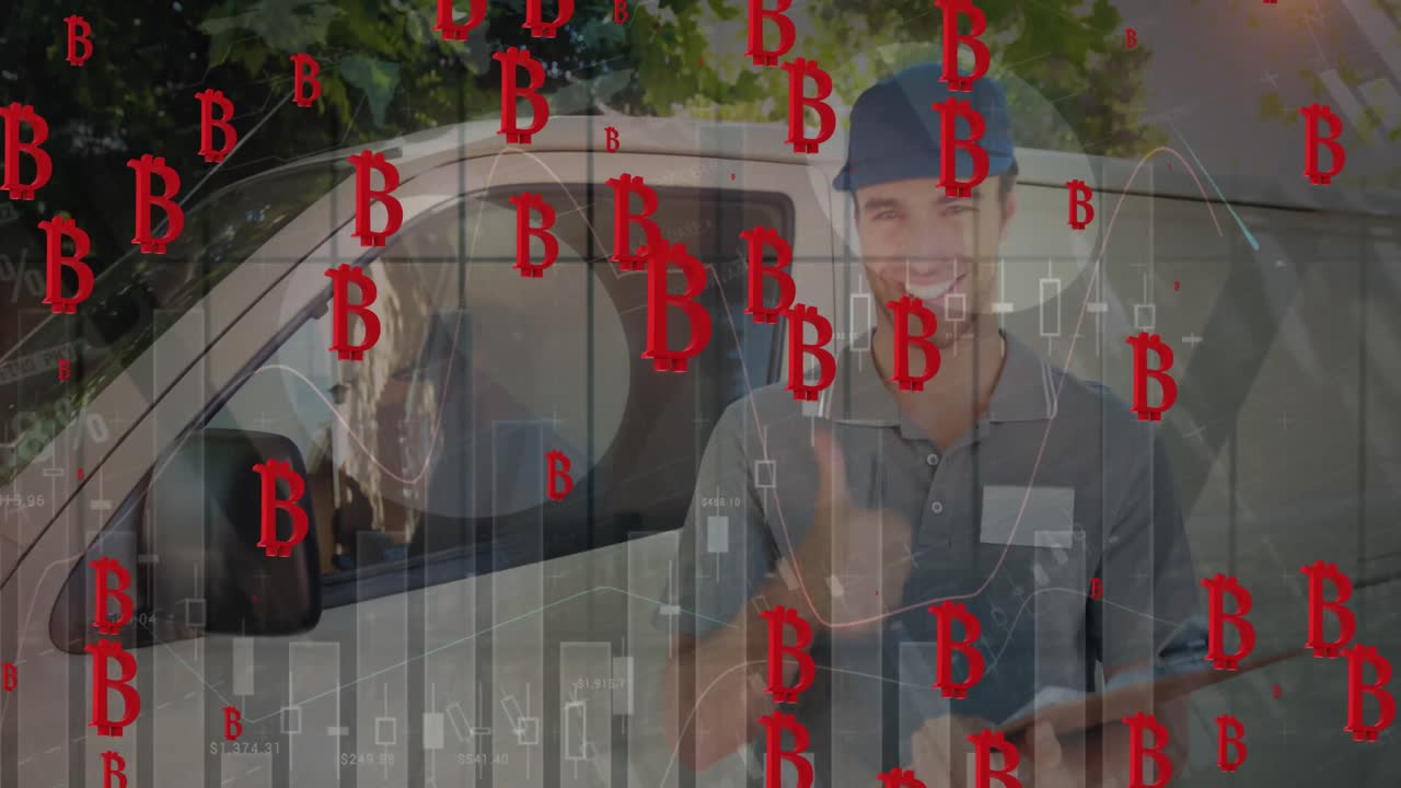 자동차  ⁇ 에 있는 배달사 위의 비트코인 아이콘의 애니메이션