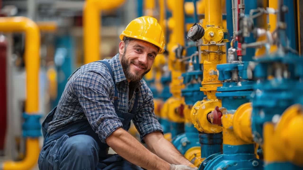 A Skilled Worker in Safety Gear Engaged in Maintenance Tasks at a Modern Industrial Facility, Upholding Workplace Safety and Efficiency Standards