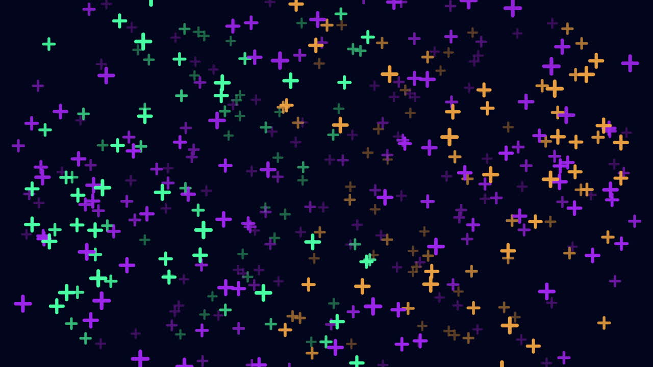Abstract footage of neon plus signs drifting and twinkling across a dark background, creating a colorful tech style pattern for overlays, intros, and digital designs