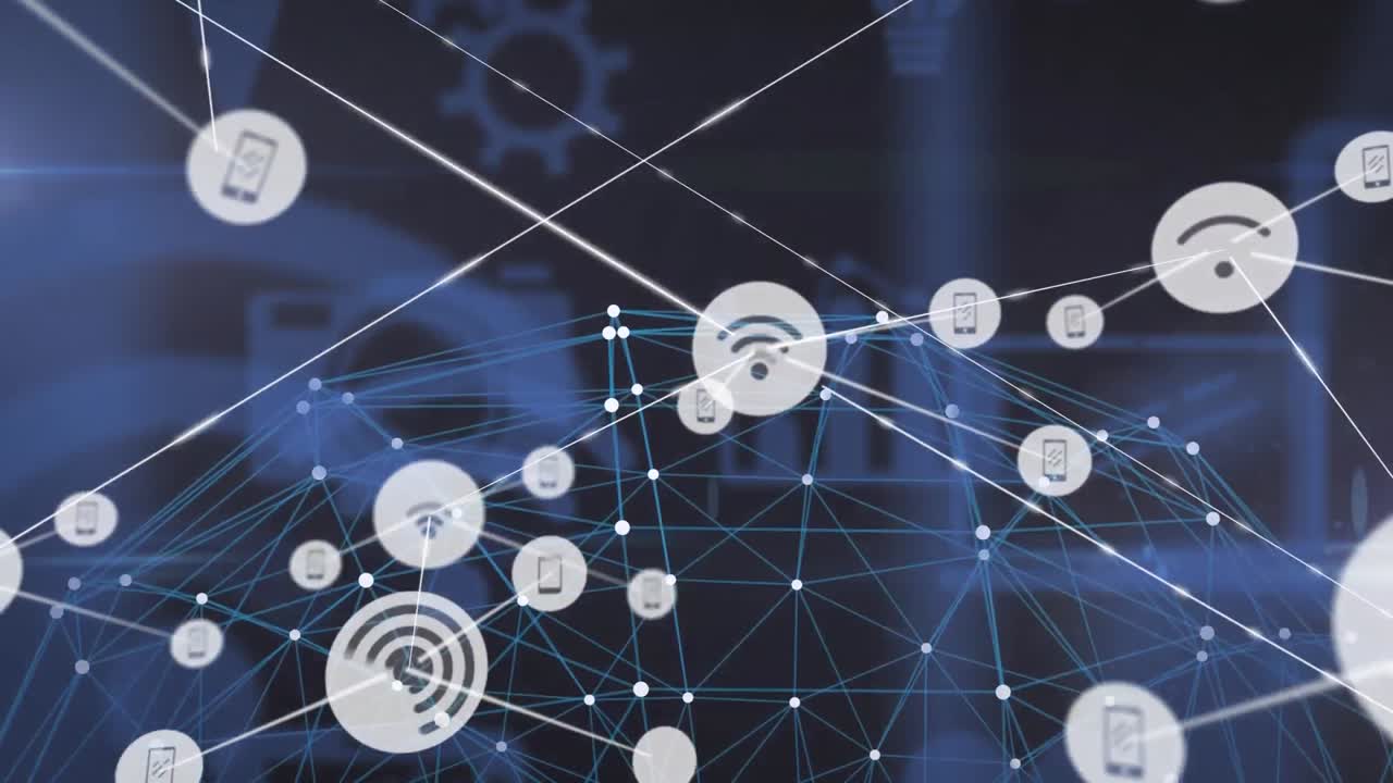 animación de una red de iconos de medios conectados que se mueven sobre un fondo oscuro