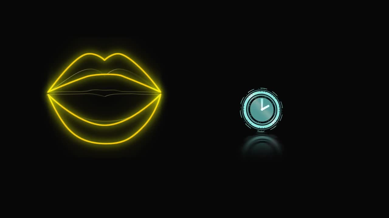 Animazione di orologio in movimento e labbra giallo neon su sfondo nero
