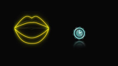 Animation-of-moving-clock-and-neon-yellow-lips-over-black-background