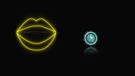 animation of moving clock and neon yellow lips over black background