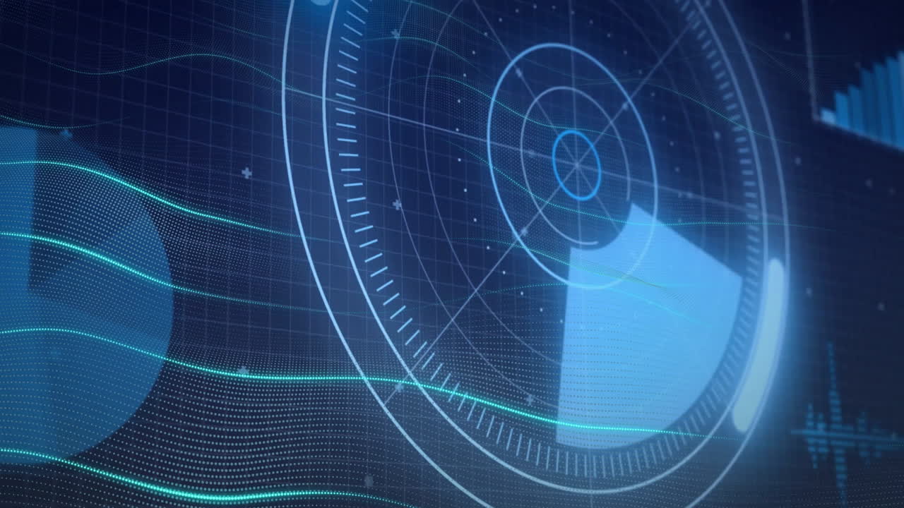 Animation of digital radar screen displaying circular interface with data elements