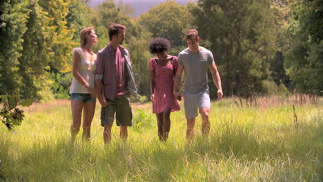 Two-couples-walking-together-in-the-countryside