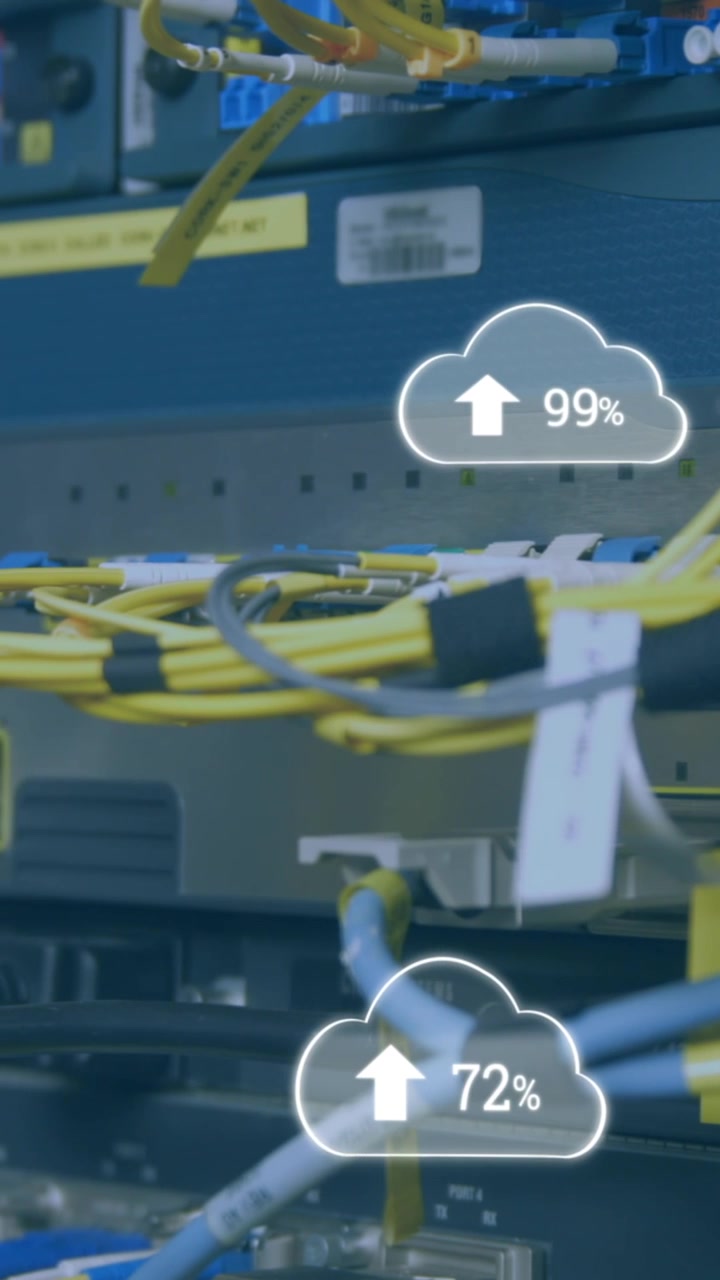 Animation of cloud icons with growing numbers over server room