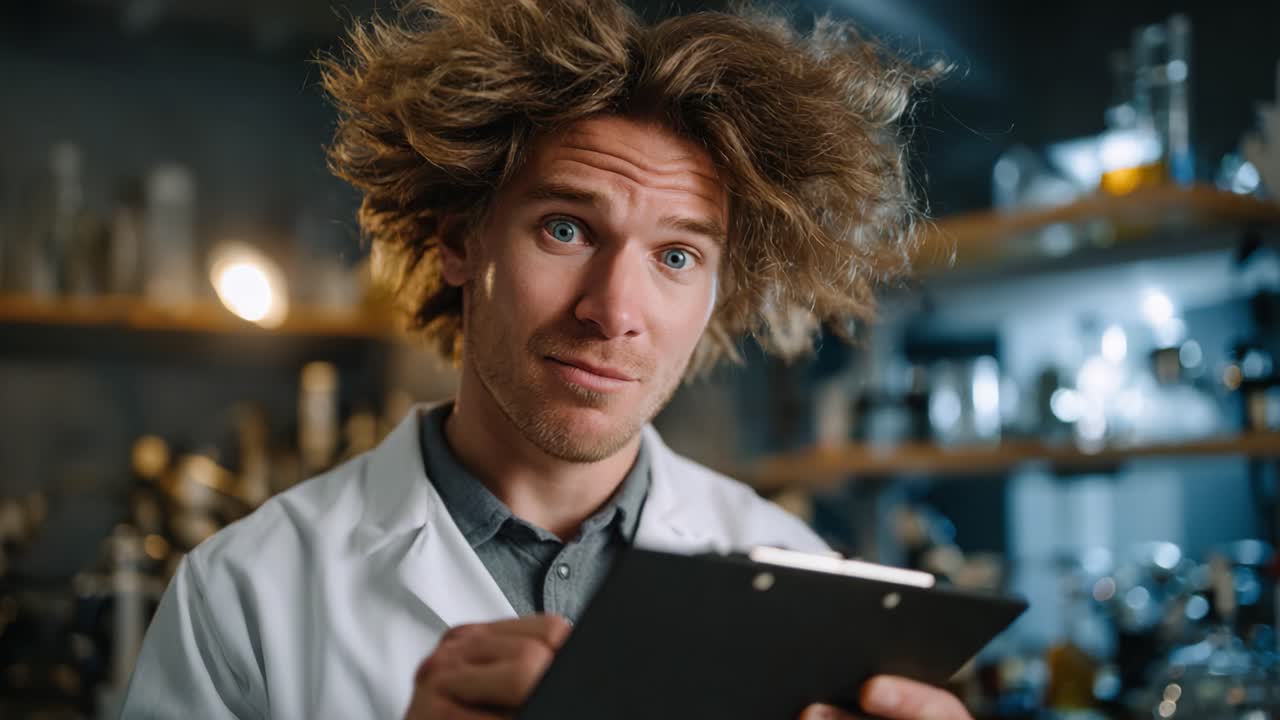 Uno scienziato sorpreso in un laboratorio con i capelli arruffati esamina i dati su un blocco appunti, mostrando le sfide inaspettate affrontate negli ambienti di ricerca scientifica