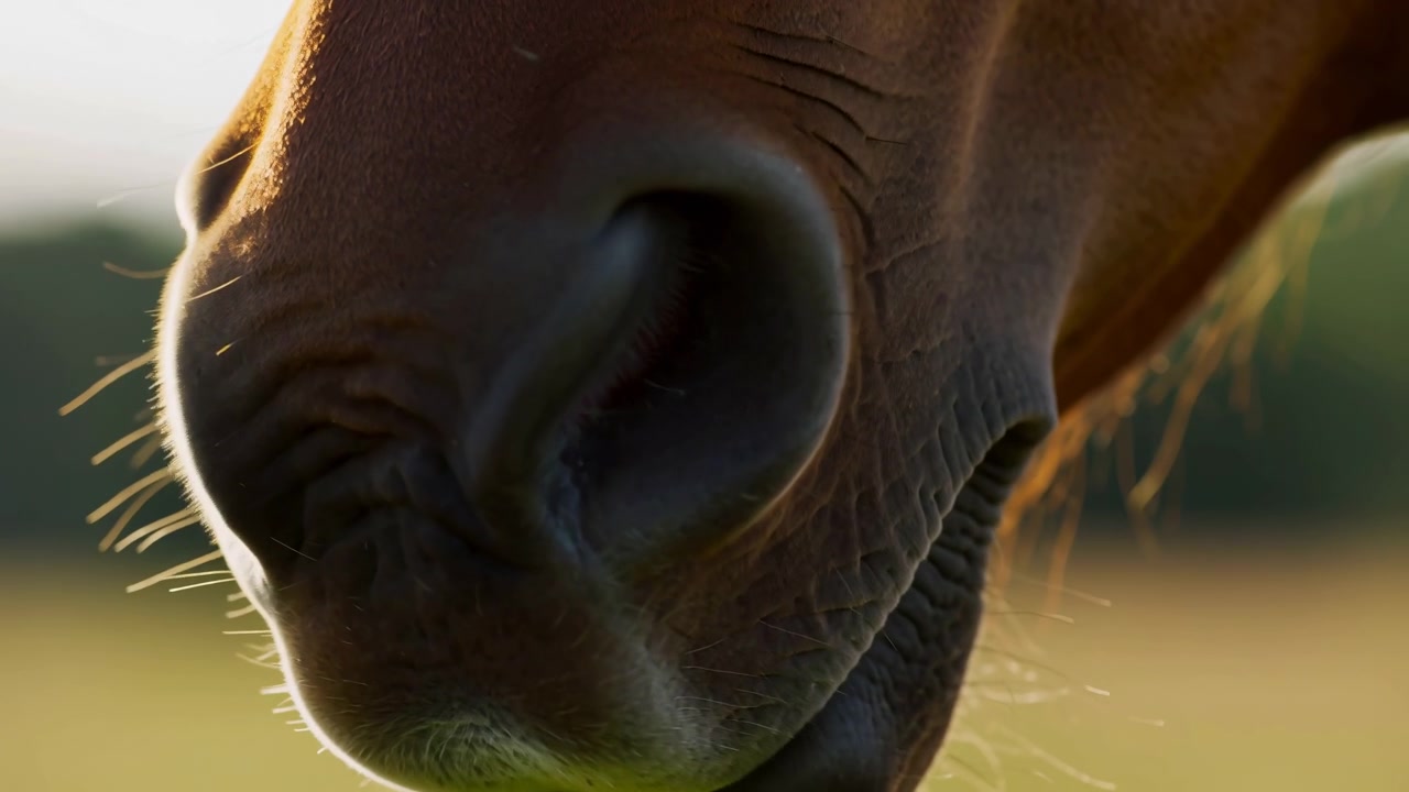 Vista detalhada acompanha o movimento suave ao redor da narina e focinho do cavalo, com pelos finos capturando a luz dourada enquanto o desfoque de fundo suave mantém a atenção na textura natural da pele