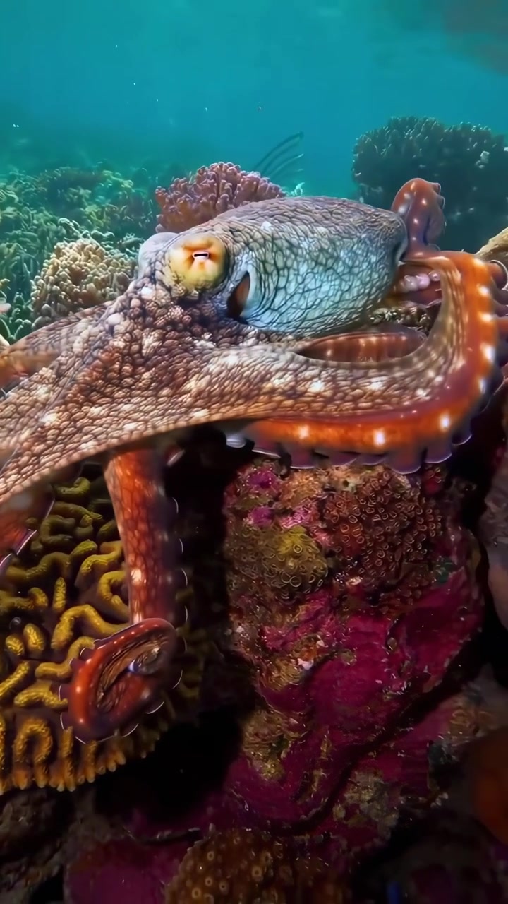 Polpo che cambia colore e consistenza su una barriera corallina