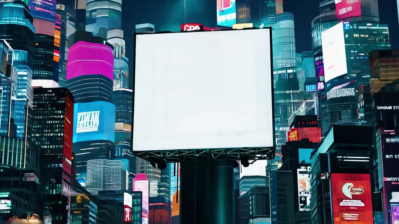 Vibrant cityscape at night with illuminated billboards showcasing colorful advertisements on skyscrapers in a futuristic and bustling urban environment