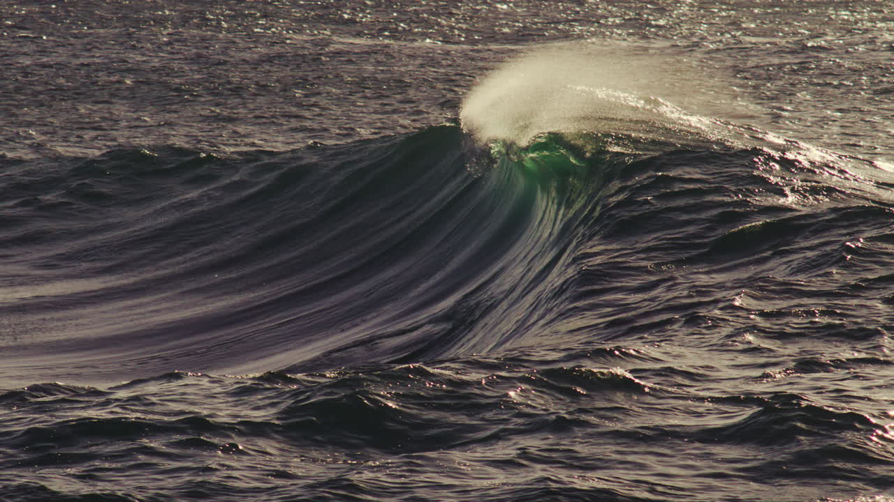 Slow motion swell curves across ocean surface, early morning glow reveals texture and depth