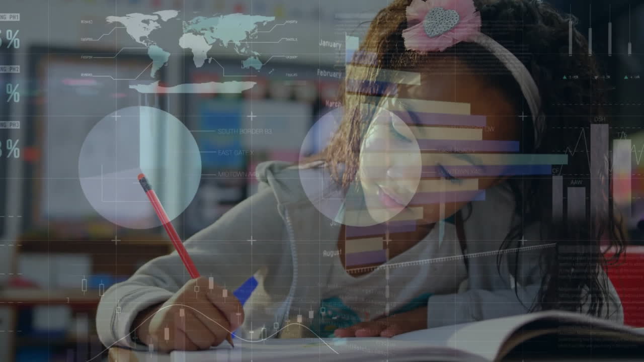 animación del procesamiento de datos financieros sobre una estudiante afroamericana escribiendo en un cuaderno