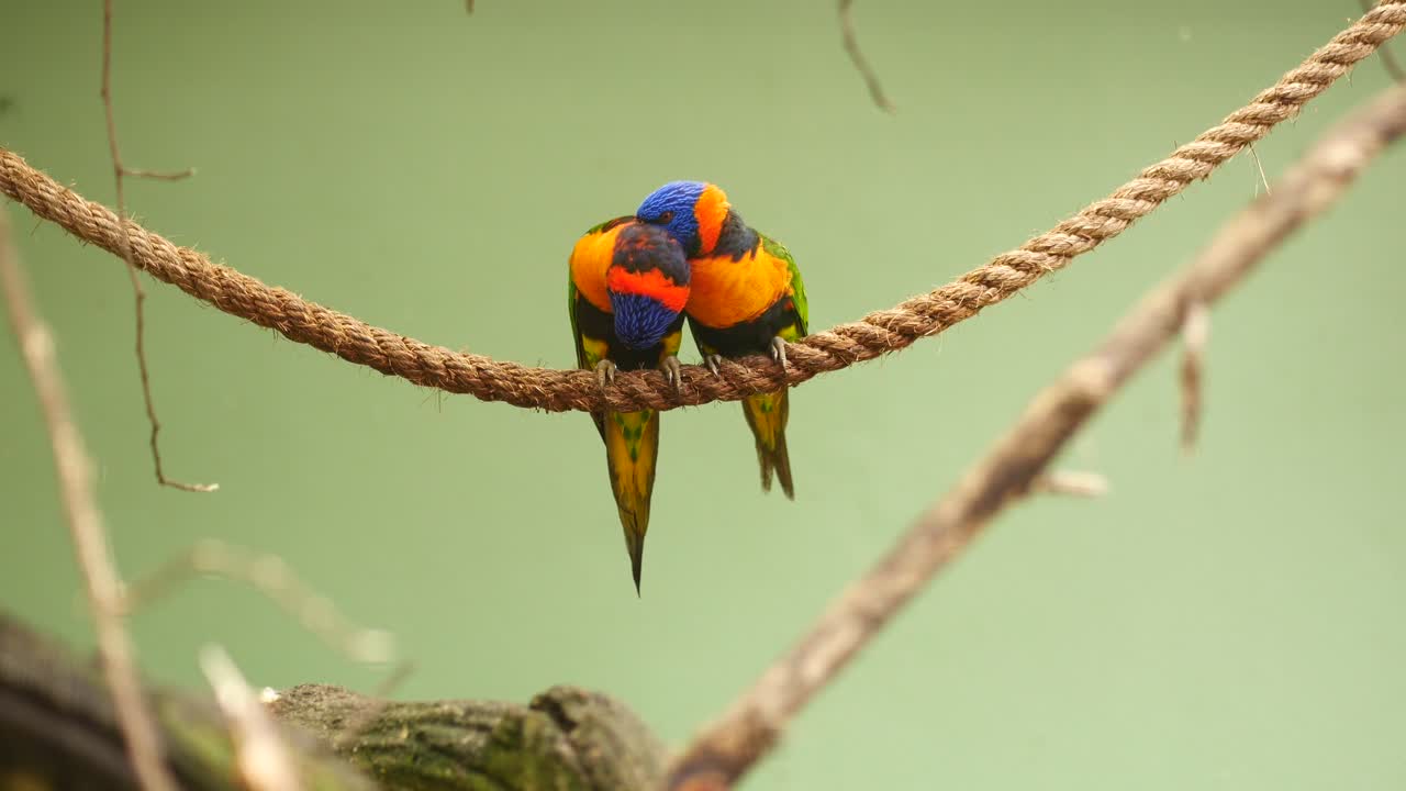작은  ⁇ 무새 들 은 복사 공간 과 함께 녹색 배경 에 대항 하여 가지 에 서 있다