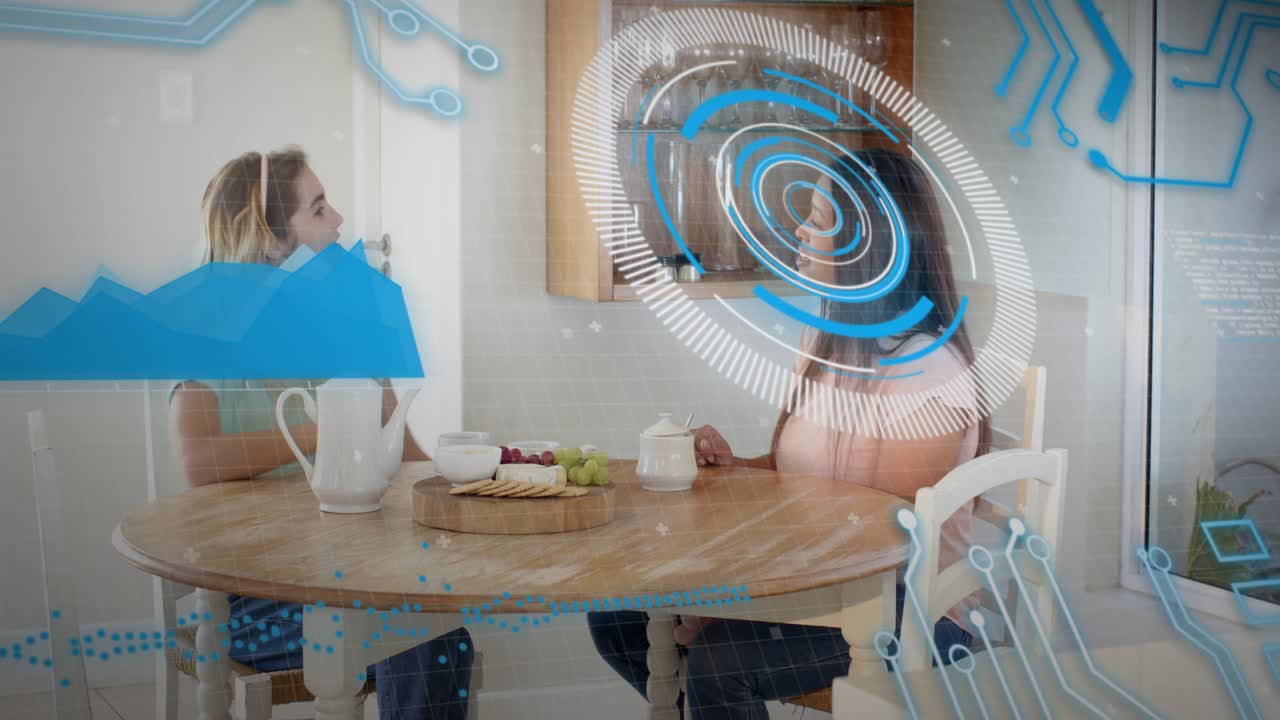 Left woman lifting kettle, pouring into cup, sharing, tech HUD over right torso, waveform near left