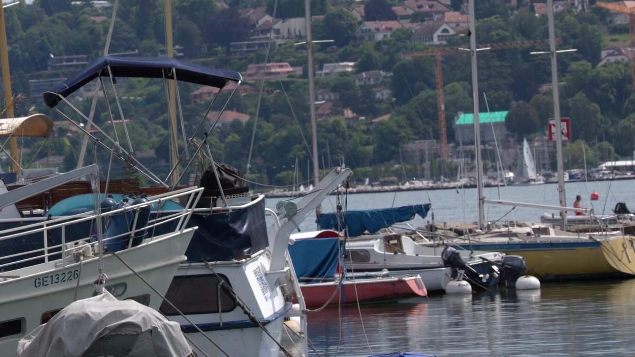 Inquadratura fissa di varie imbarcazioni ormeggiate in una tranquilla marina con edifici collinari sullo sfondo.