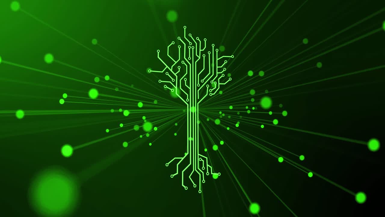 animación de circuito integrado y árbol digital sobre fondo verde