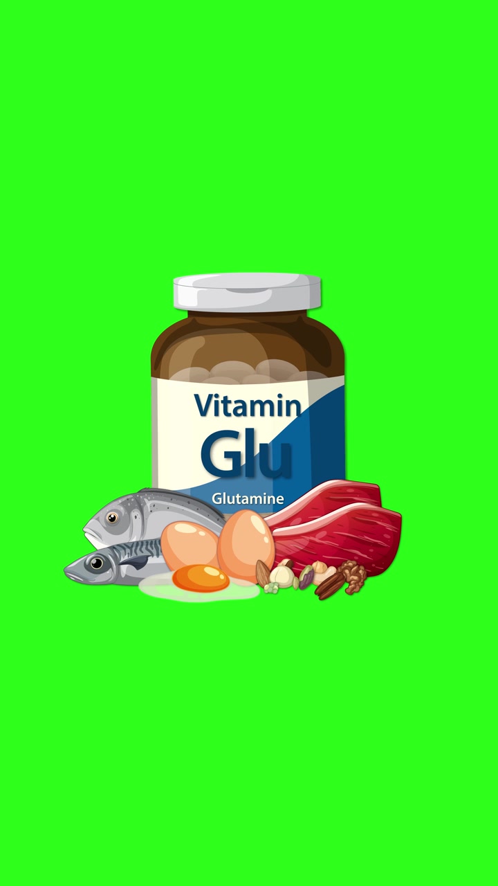 Un flacone di integratore di glutammina con pesce, carne, uova e noci appare su uno sfondo verde brillante.