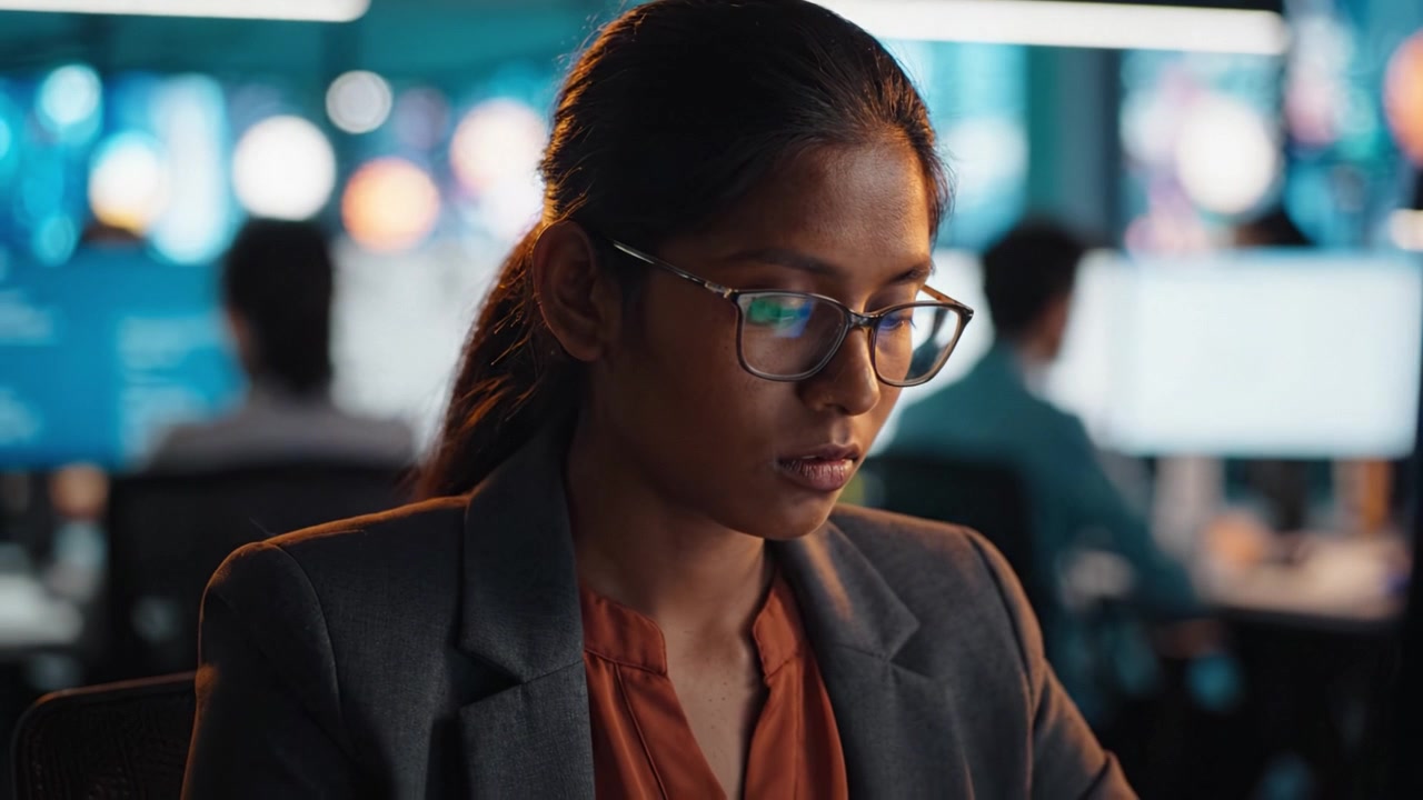 Focused Professional in Office Environment: A Close-Up Look at a Deeply Concentrated Employee Working on a Computer in a Modern Workplace Setting