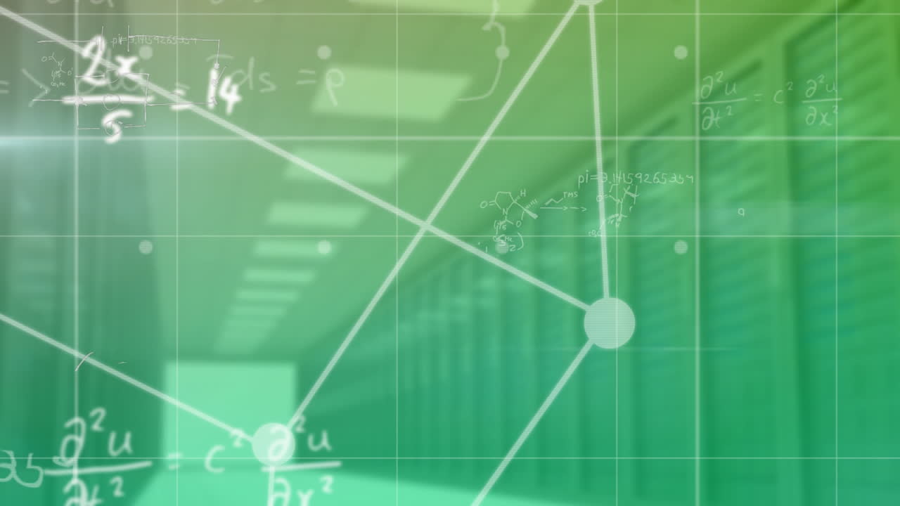 ecuaciones matemáticas que se mueven sobre líneas de cuadrícula contra la sala de servidores