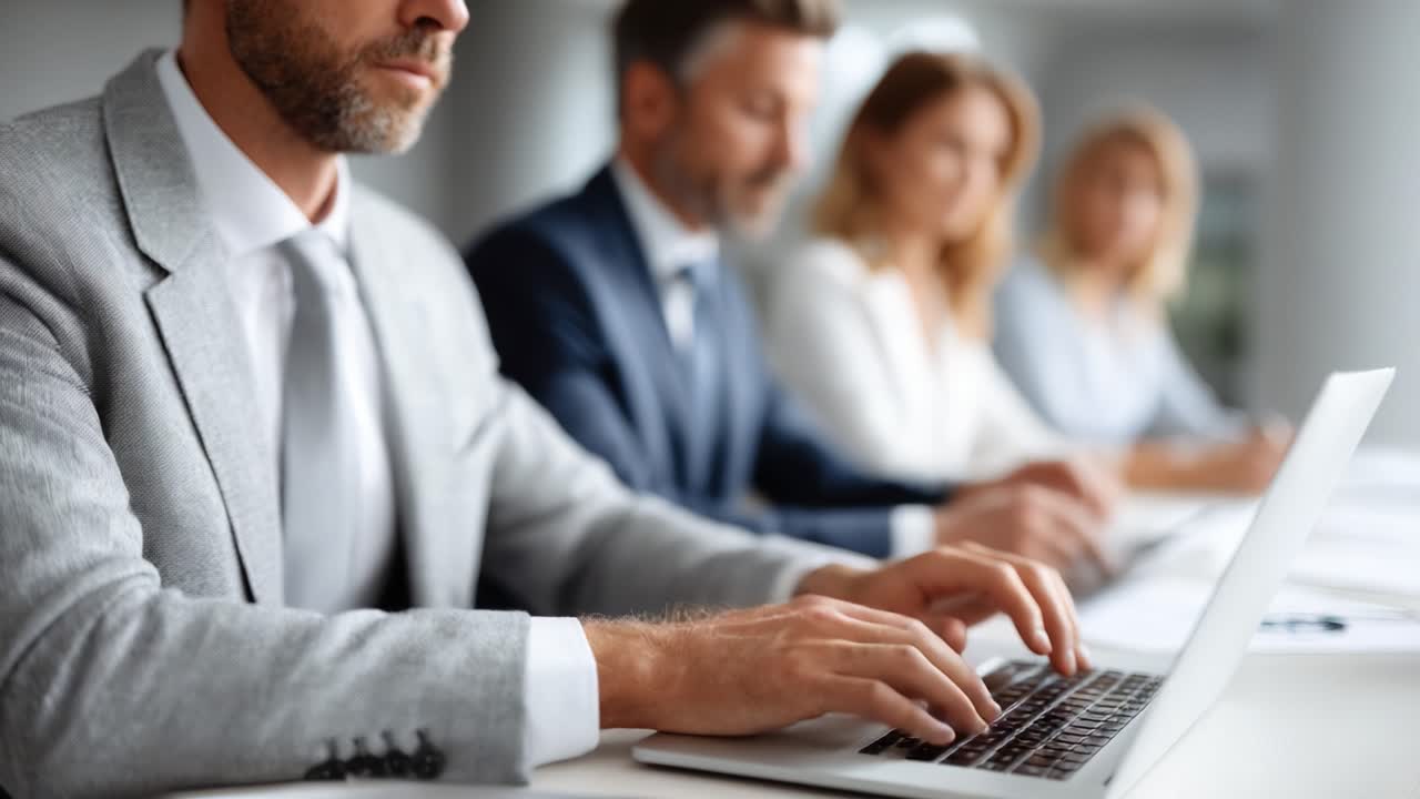 A Professional Meeting in Progress: Focused Individuals Collaborate Strategically Over Laptops to Enhance Team Performance and Productivity
