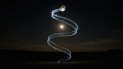 A Captivating Dance of Light: Spiraling Energy Trails Under a Starry Sky Highlighting Celestial Bodies Moving Gracefully in the Universe