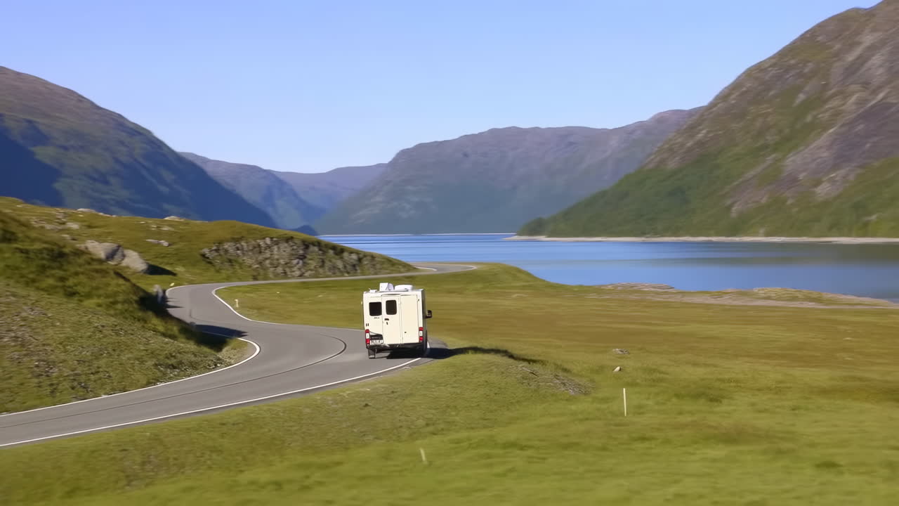 Matkailuauto ajamassa mutkaisella vuoristotiellä vuonon rannalla.
