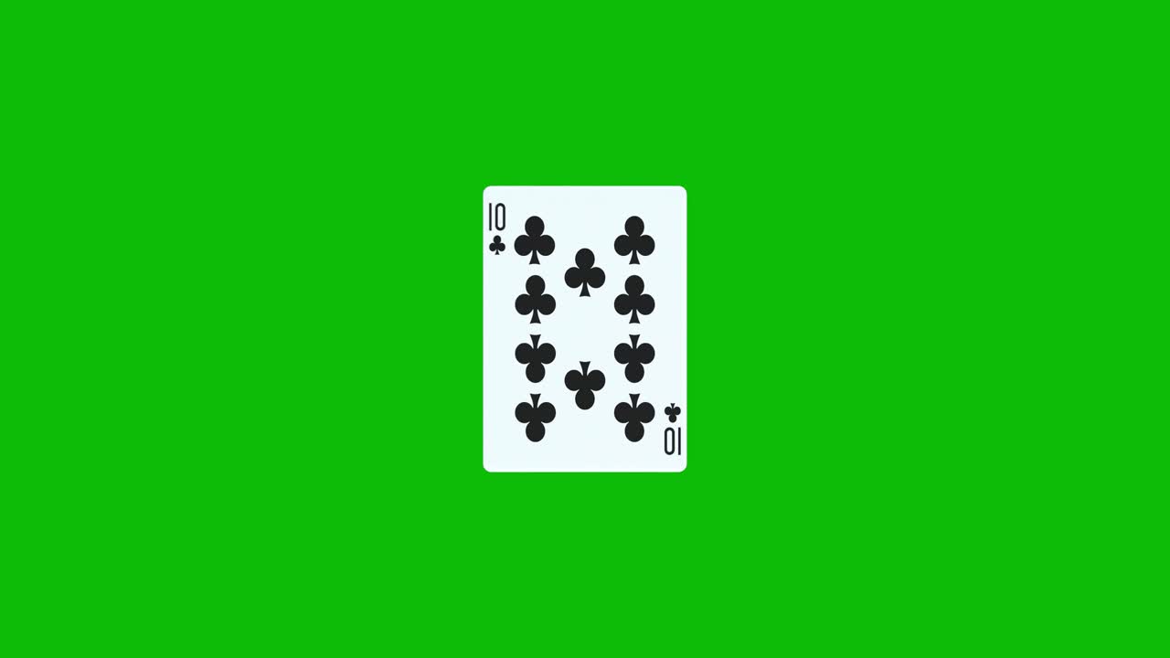 Una carta da poker, il dieci di fiori, ruota e si rivela su uno schermo verde, animazione 3D. Puoi modificare i tempi della clip per controllare l'effetto di rivelazione.