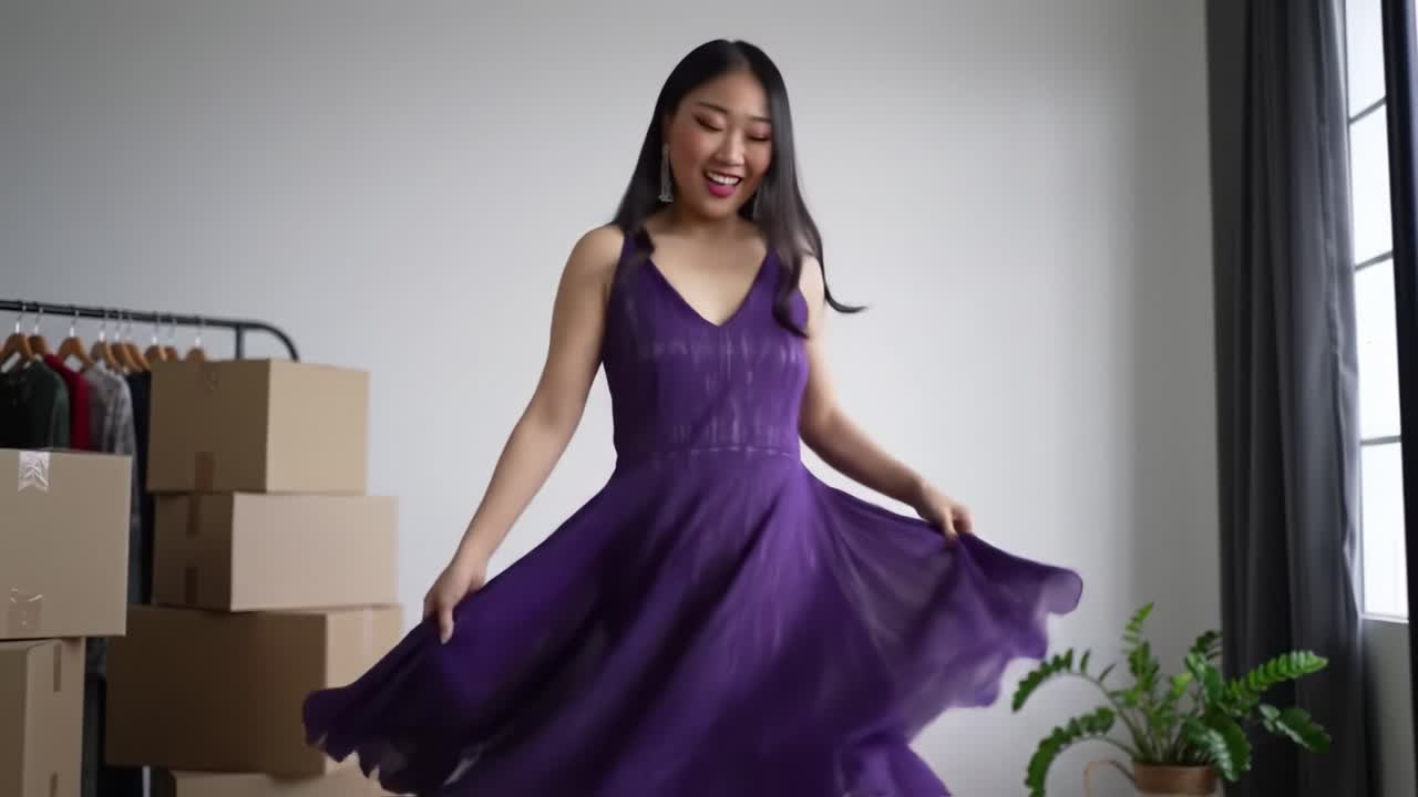 A woman twirls gracefully in a flowing purple dress, surrounded by unpacked boxes in a cozy, well-lit room with a plant nearby. Her movements add joy to the space.
