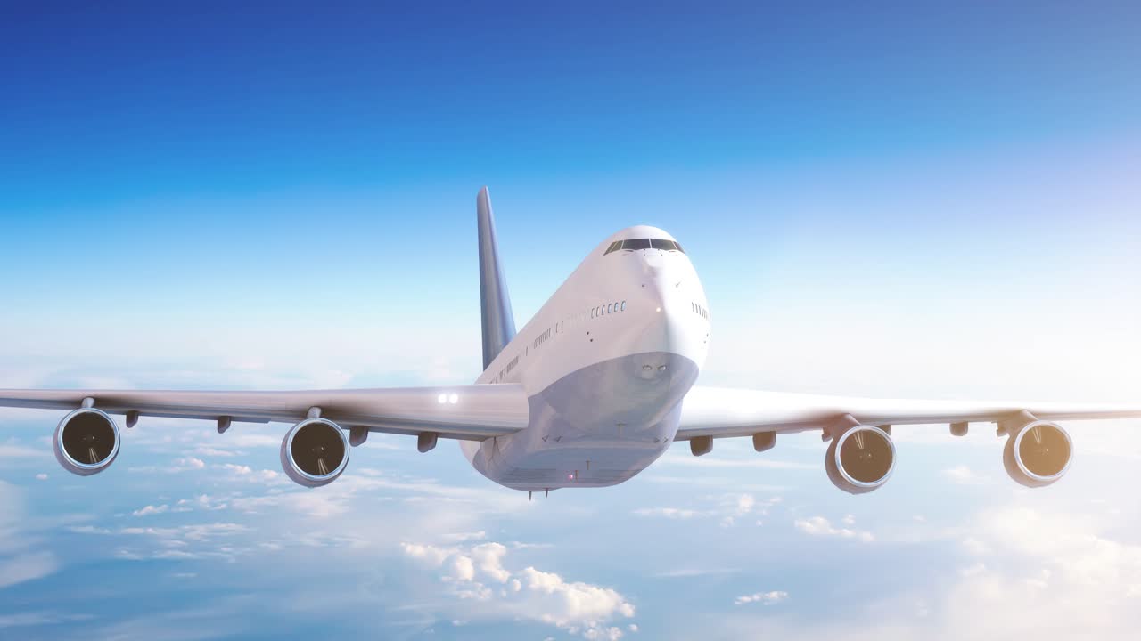 Airplane flying above clouds and beautiful blue sky in sunlight, travel trip with airplane, aerial view of flying aeroplane background.