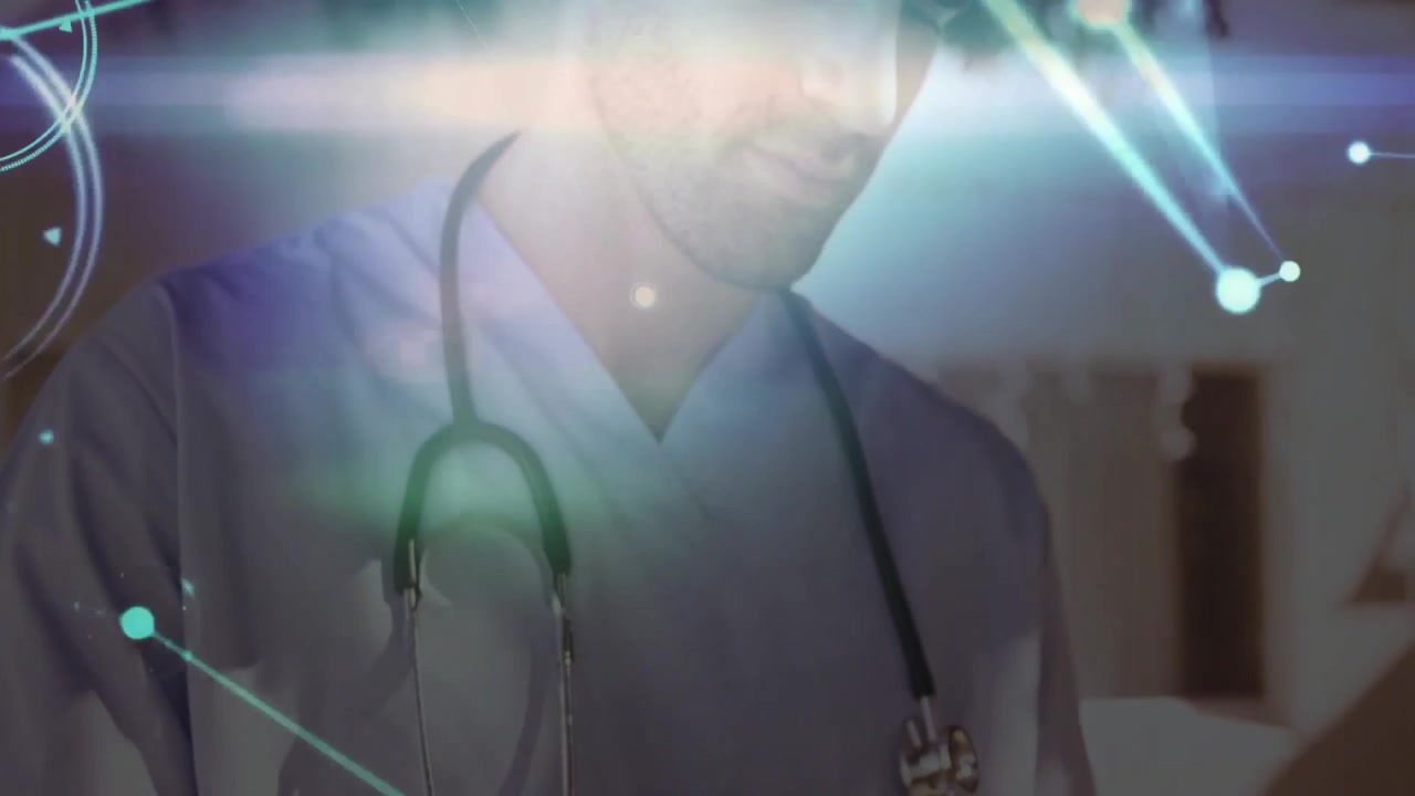 Overlay di rete fluttuante che si sposta, rivelando un professionista medico che tiene un tablet e analizza i dati.