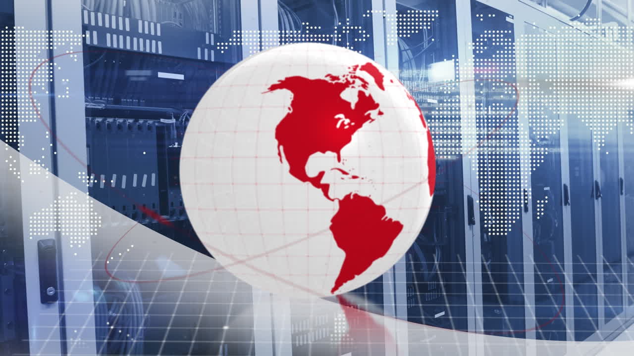 animación del procesamiento de datos y el globo sobre la sala del servidor