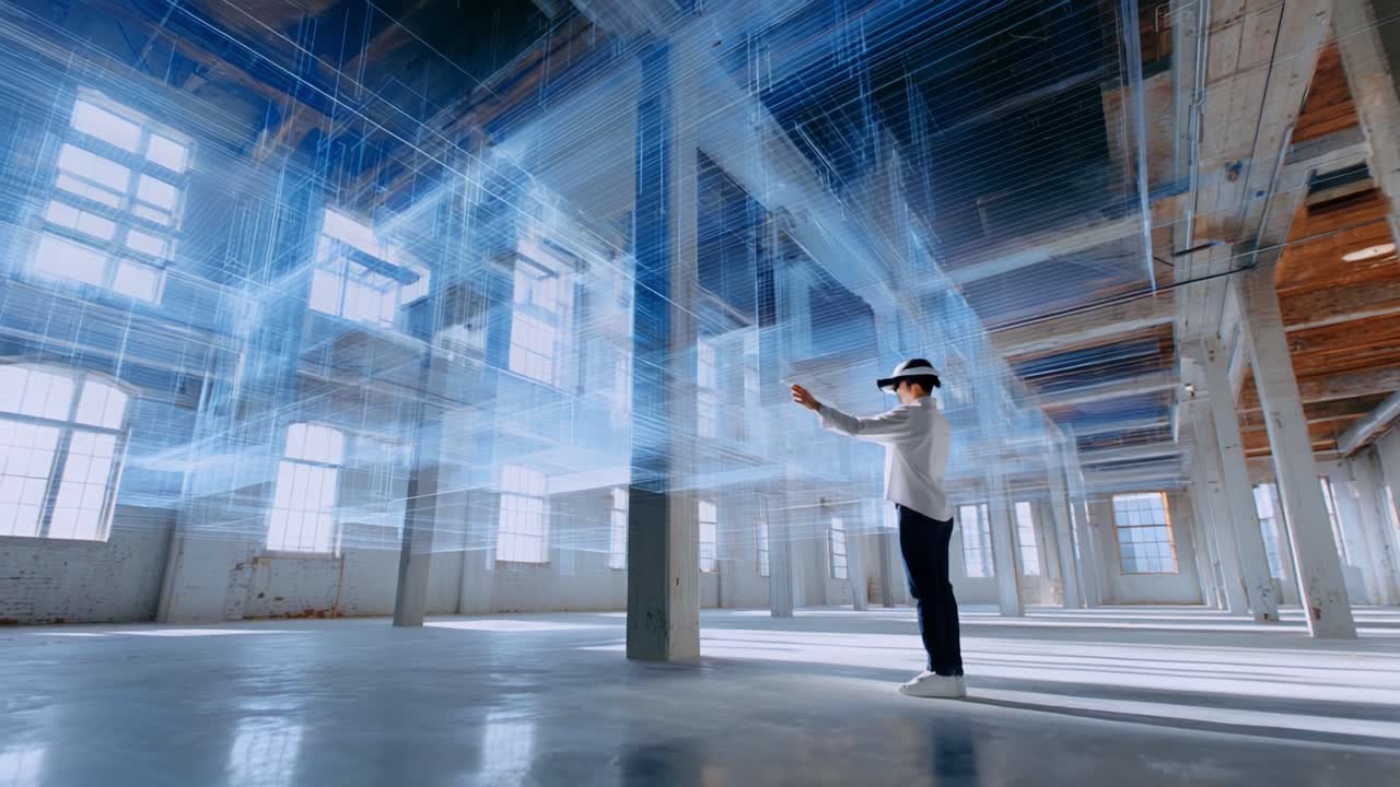 Exploring Virtual Reality: A User Interacting with Augmented Reality Visualizations in a Spacious, Industrial Setting, Showcasing Advanced Technology and Immersive Experiences