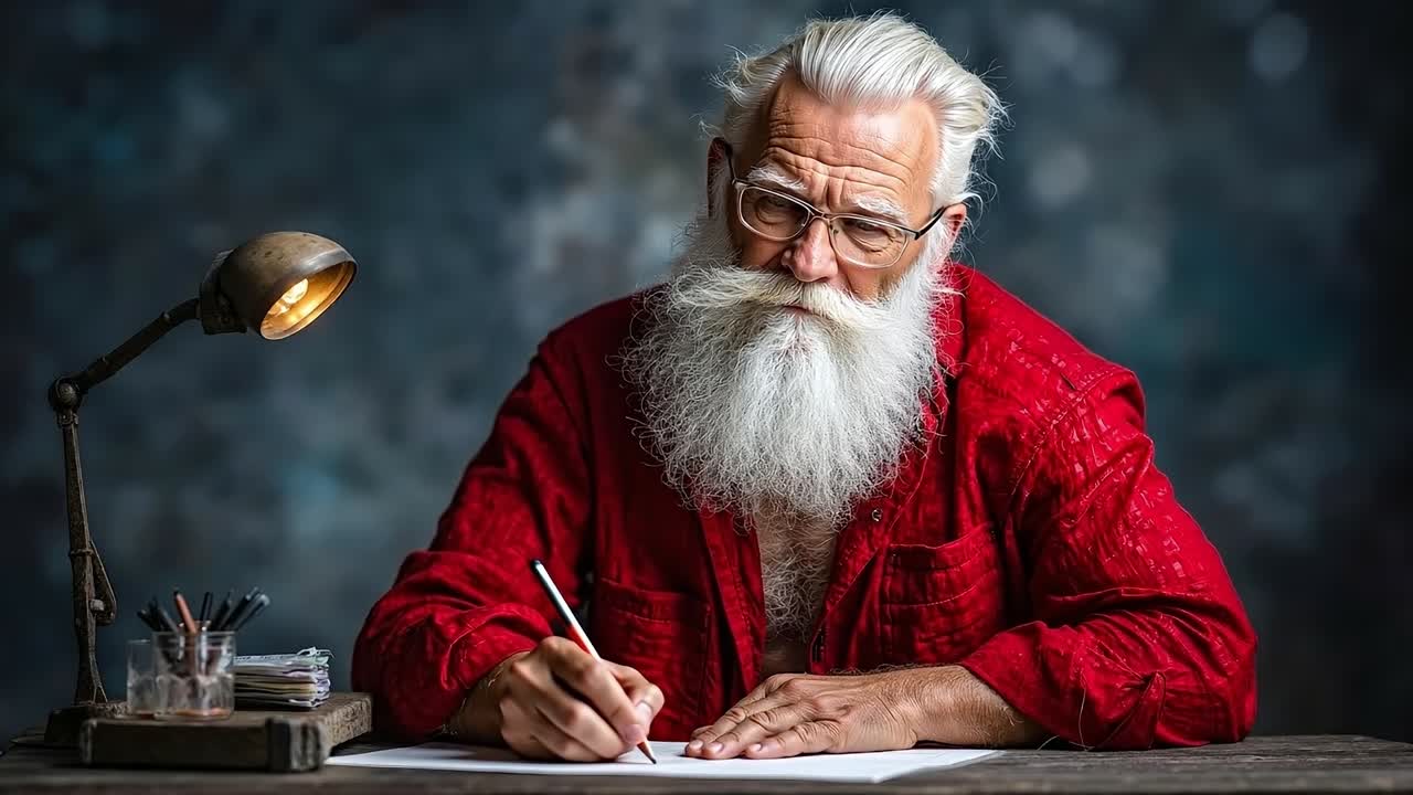 A man with a long white beard sitting at a desk writing on a piece of paper
