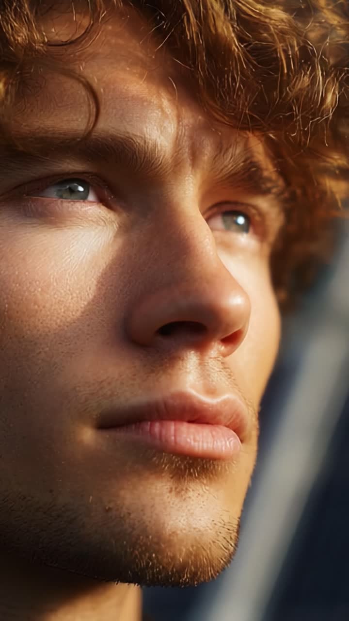 A Young Man Gazes Thoughtfully into the Distance, His Expressive Features Highlighted by Soft Lighting and Gentle Shadows, Capturing a Moment of Introspection and Serenity with Beautiful Curly Hair