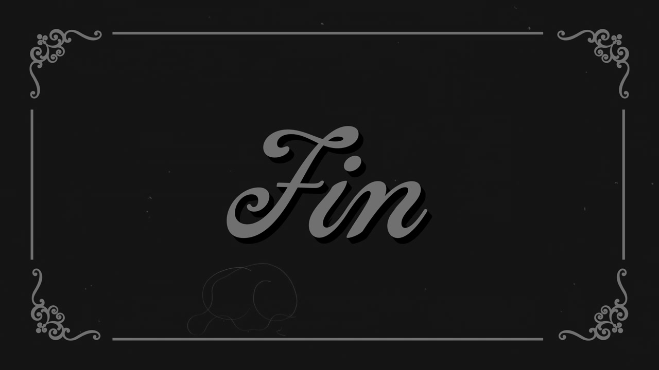 Text 'Fin' im Vintage-Stummfilm-Stil erscheint auf schwarzem Hintergrund