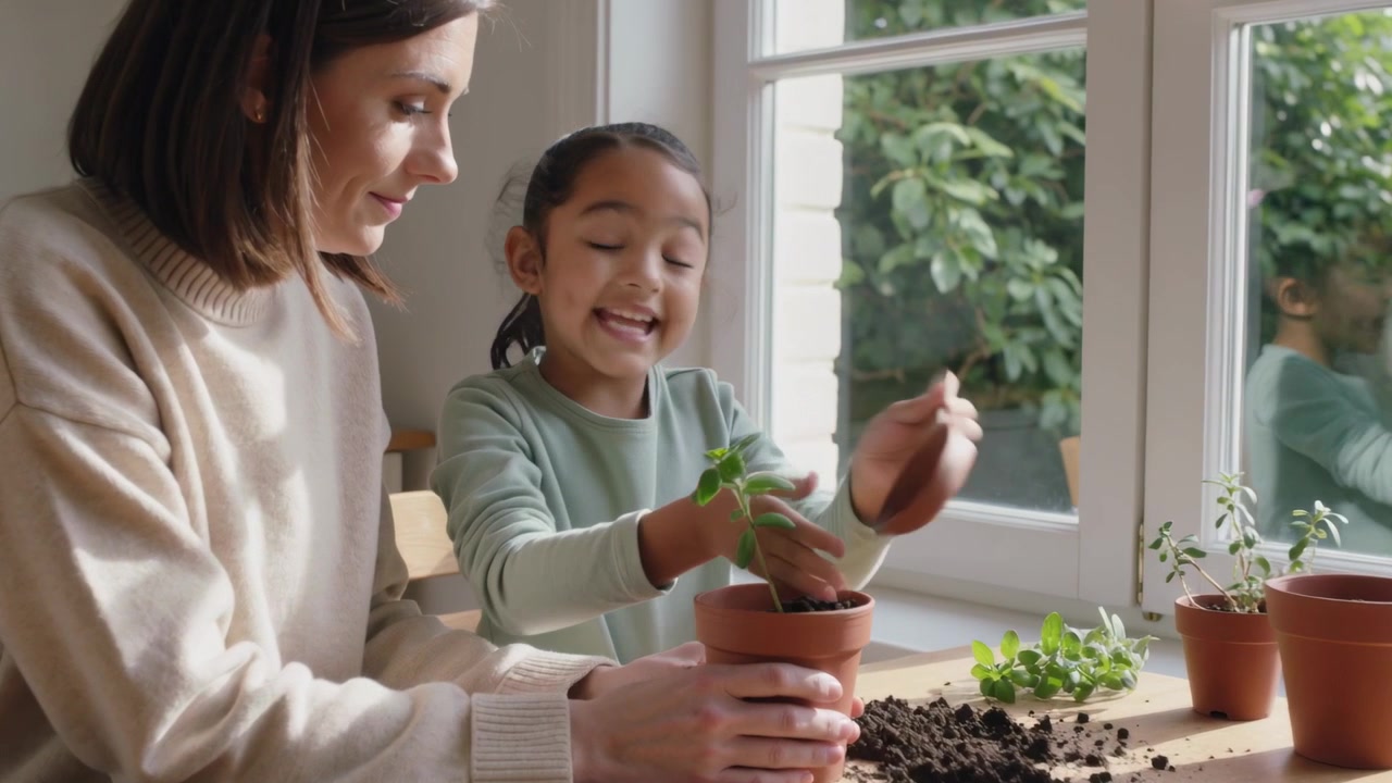 Planting mother and daughter at home, girl scooping soil, woman holding terracotta pot, cream knit