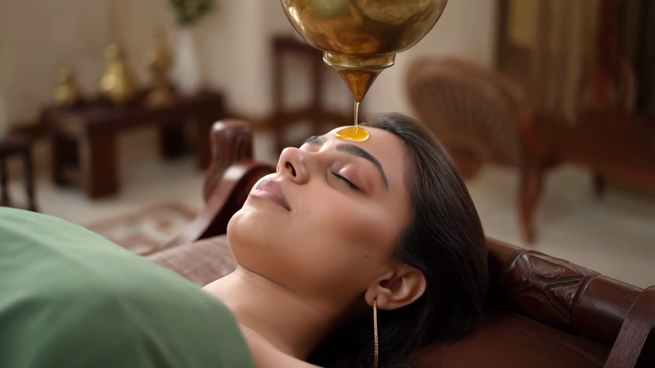 Woman receiving traditional Ayurvedic Shirodhara oil treatment