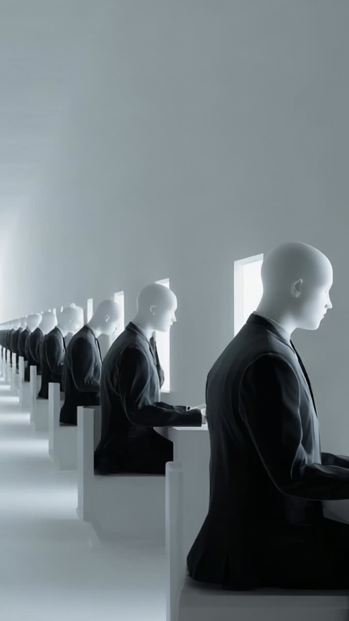 A Series of Faceless Figures Working at Desks in a Minimalistic Environment: Exploring the Concept of Automation and Human-Like Robots in Modern Workspaces