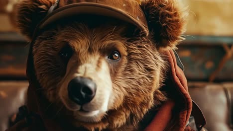 a brown bear wearing a brown jacket and a brown hat