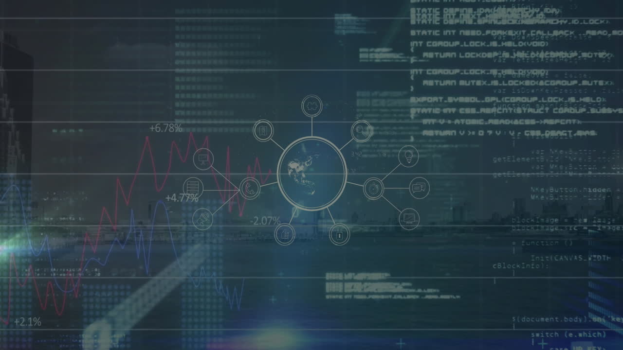 Animation of connections and data processing over dark background