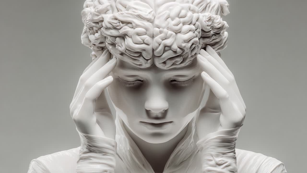 Una Splendida Scultura Bianca di una Figura con un Intricato Design Cerebrale, Che Raffigura una Profonda Contemplazione e il Peso della Riflessione Ponderata.